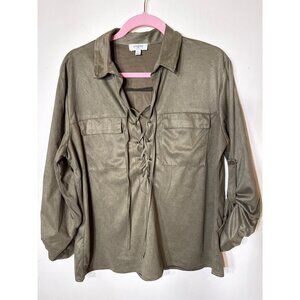 Umgee Olive Lace-Up Blouse With Chest Pockets Roll-Up Sleeves Medium